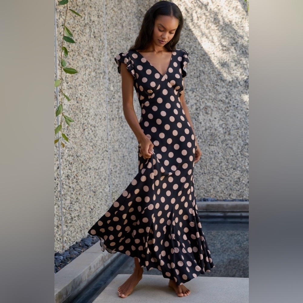 Beach Riot Elodie Polka Dot Maxi Dress Black Ruffle Hem NWT M